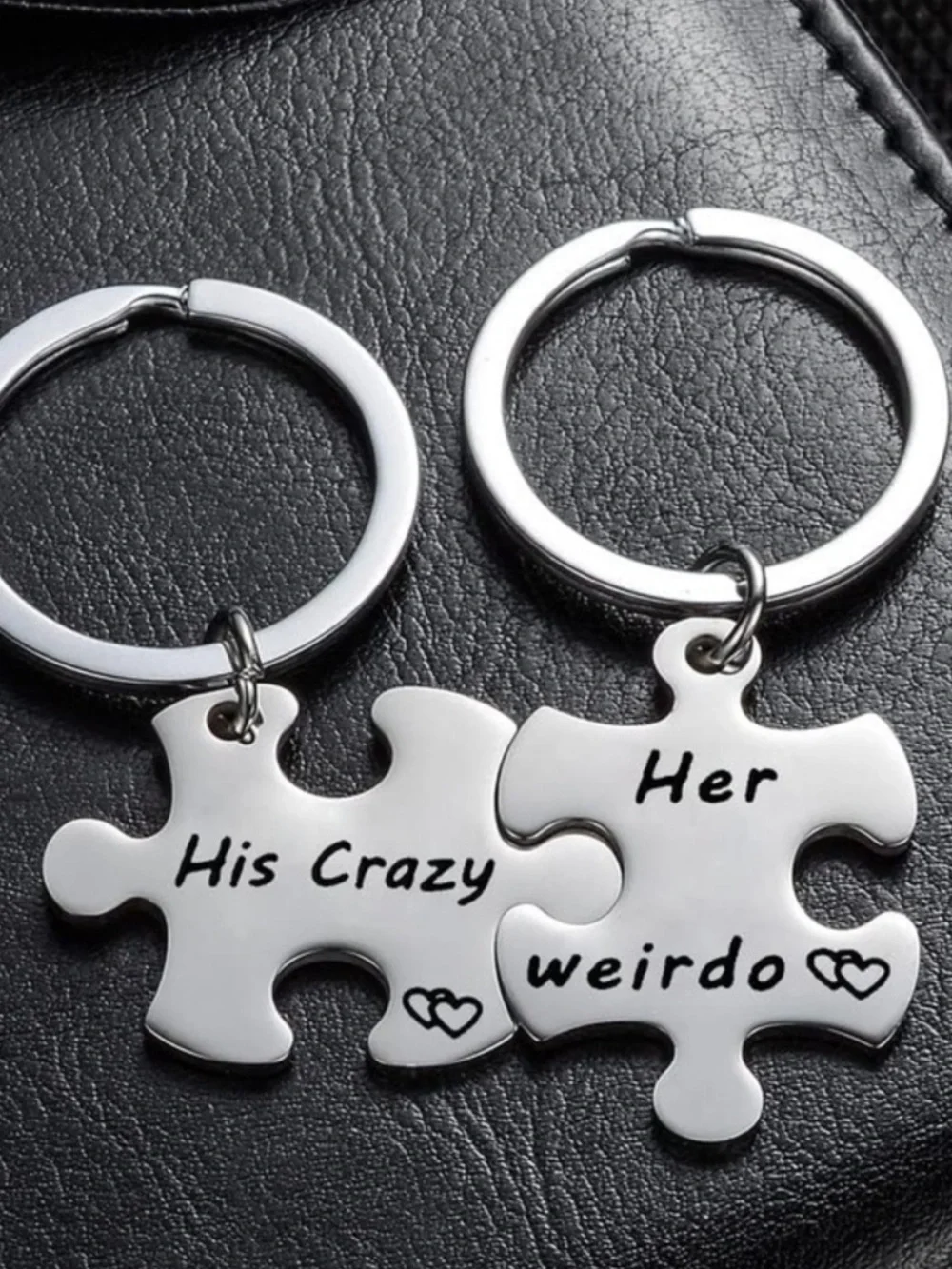 🪷 His Crazy / Her Weirdo Puzzle Keychain Set - Silver Tone